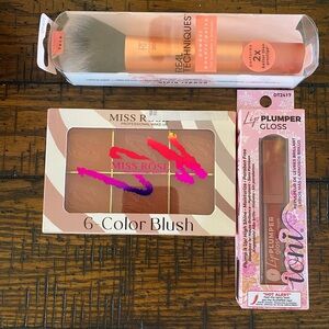 Set Of 3 Makeup Products-Blush, Lip Plumper And Face Powder Brush